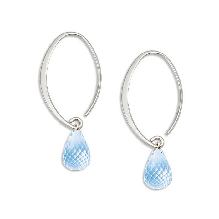 Oval Hoop Earrings with Blue Topaz Briolette, 14K White Gold