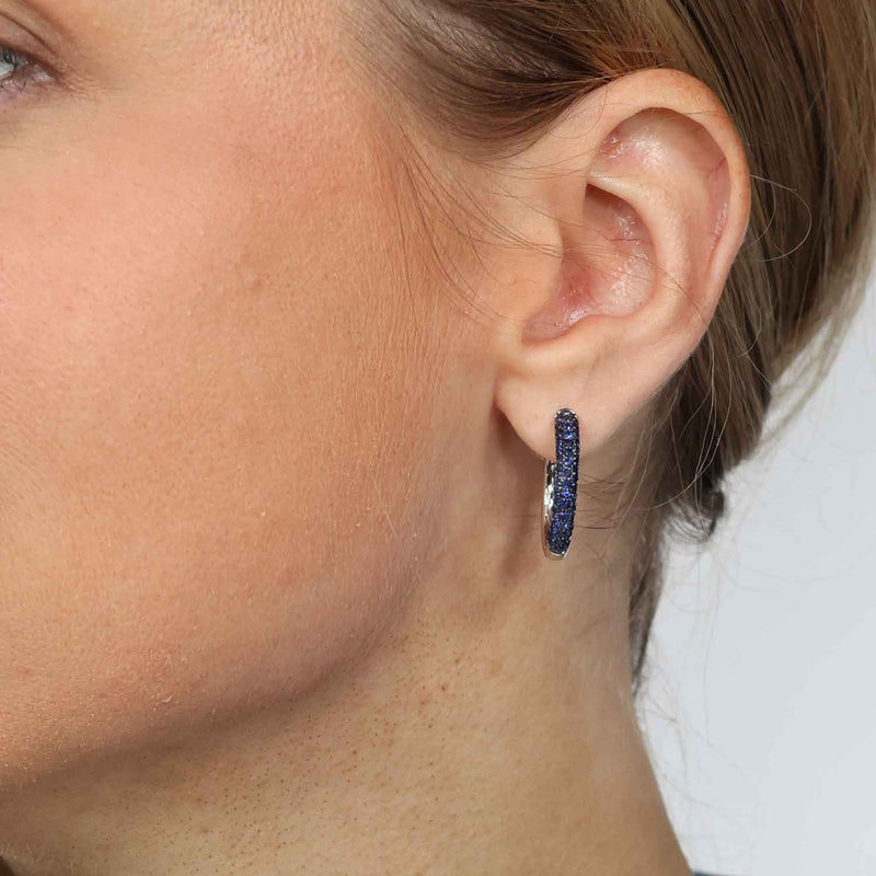Pavé Set Blue Sapphire Hoop Earrings, 14k White Gold