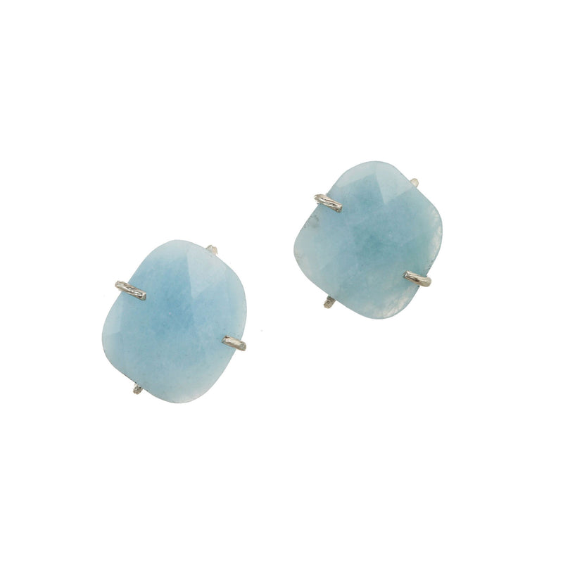 Flat Faceted Aquamarine Clip Earrings, Sterling Silver