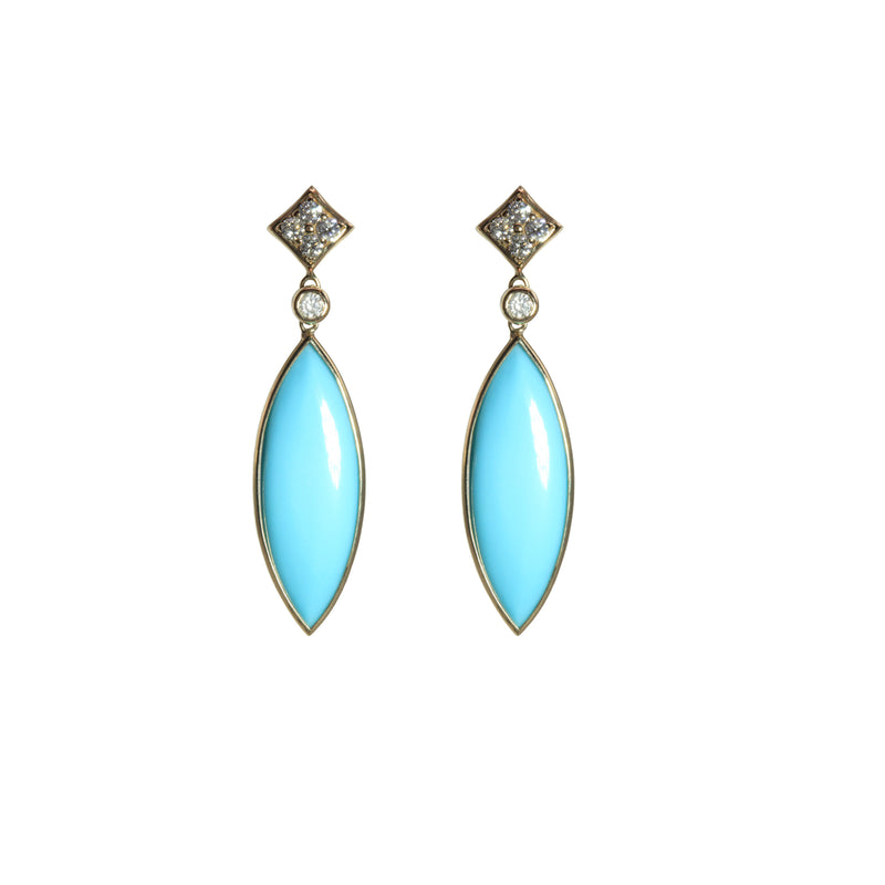 Marquise Shape Turquoise Dangle Earrings, 14K Yellow Gold
