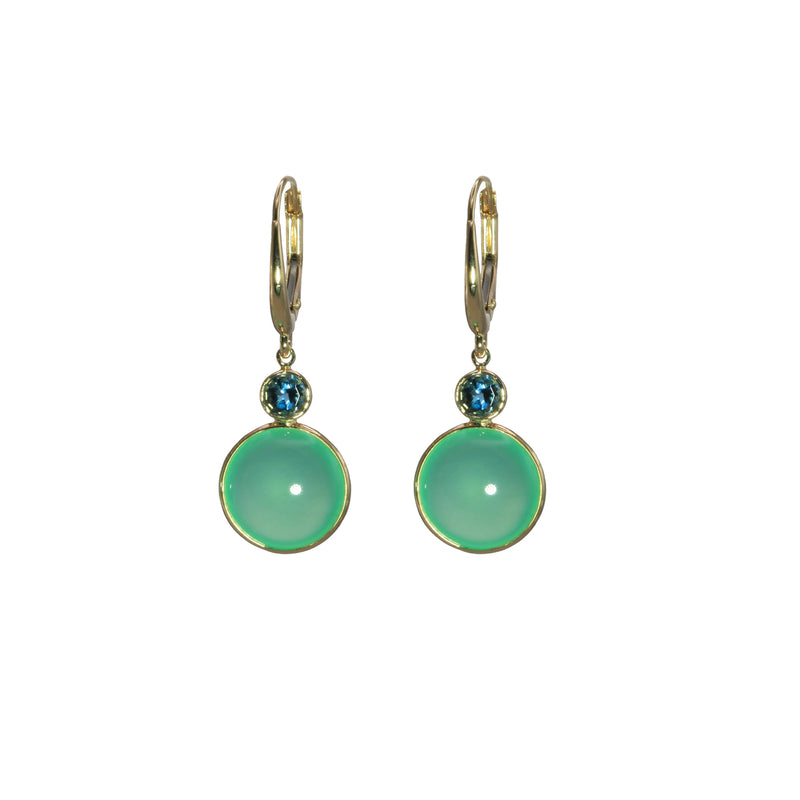 Chrysoprase and London Blue Drop Earrings, 14K Yellow Gold