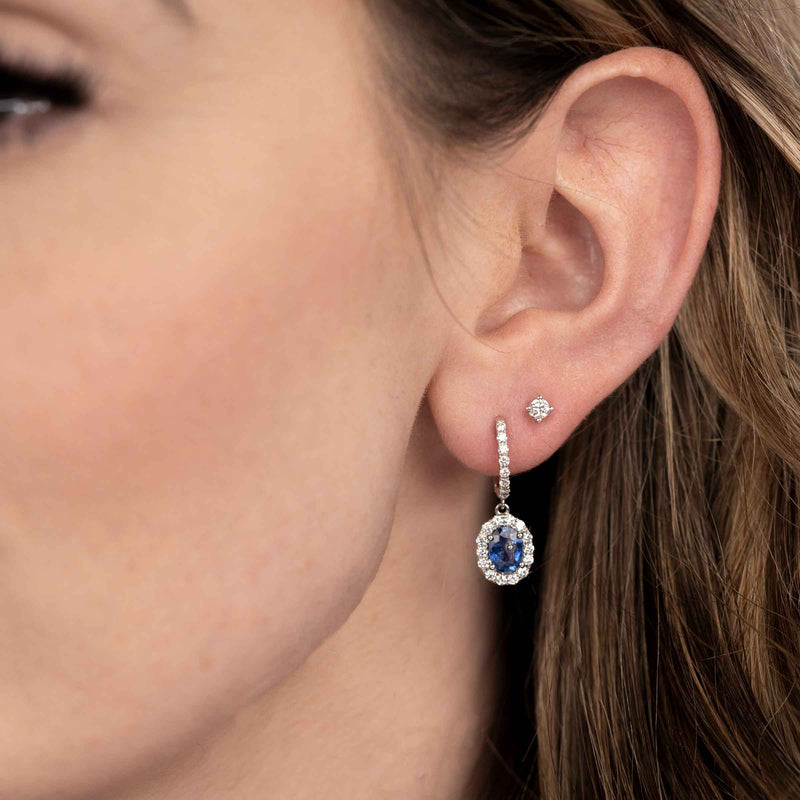 Oval Sapphire and Diamond Drop Earrings, 14K White Gold