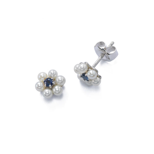 Petite Pearl With Sapphire Flower Earrings, 14K White Gold
