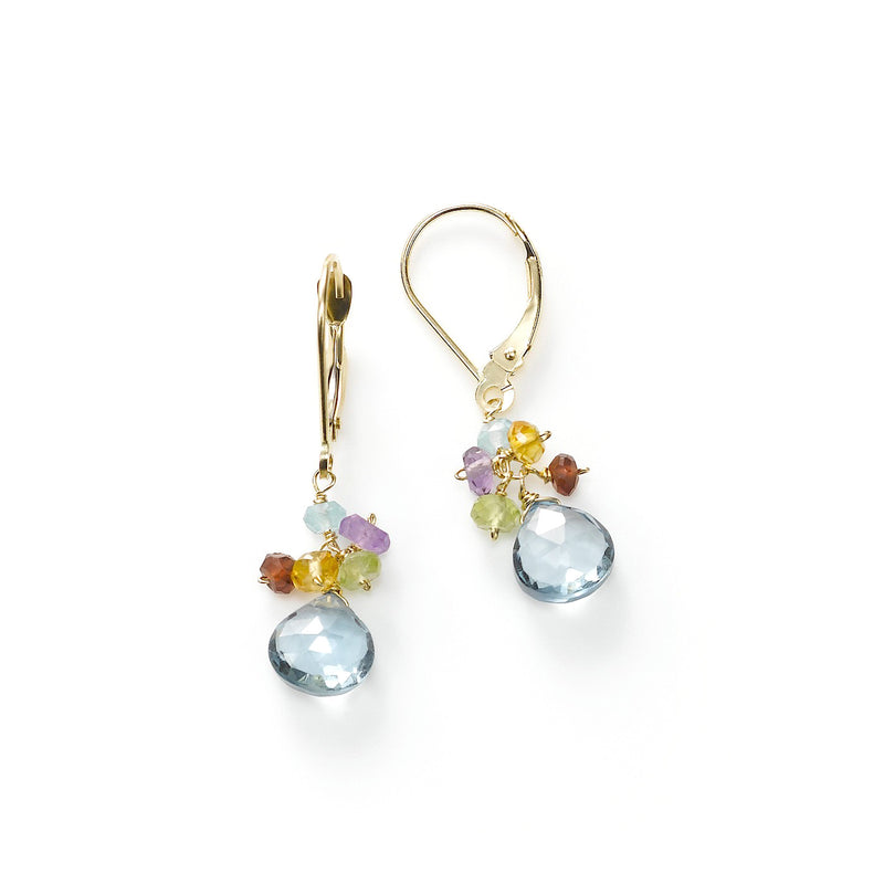 Sky Blue Topaz and Multi Gemstone Dangle Earrings, 14K Yellow Gold