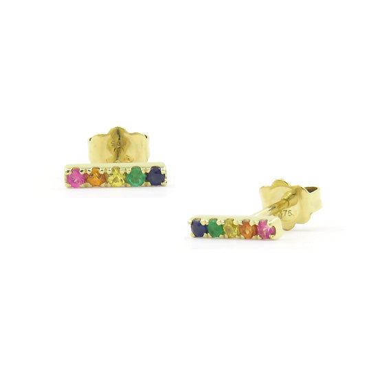 Multi Color Gemstone Rainbow Bar Earrings, 14K Yellow Gold