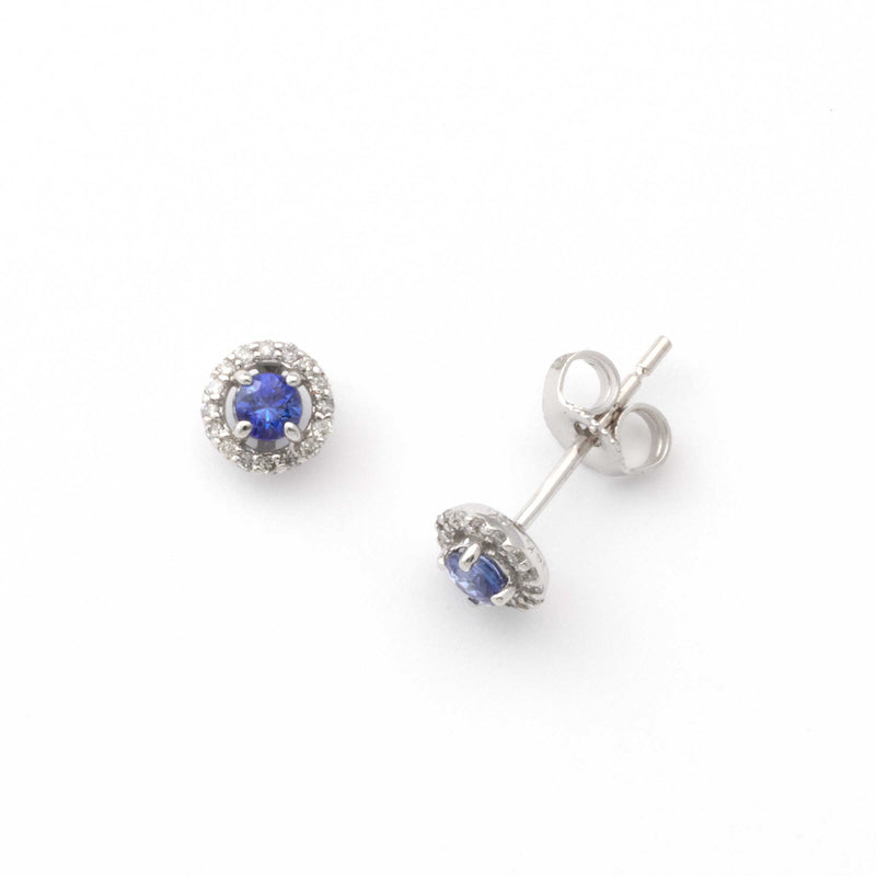 Blue Sapphire and Diamond Halo Stud Earrings, 14K White Gold