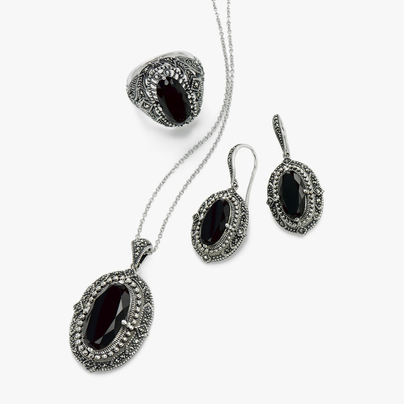 Swarovski Marcasite Earrings with Black Onyx, Sterling Silver