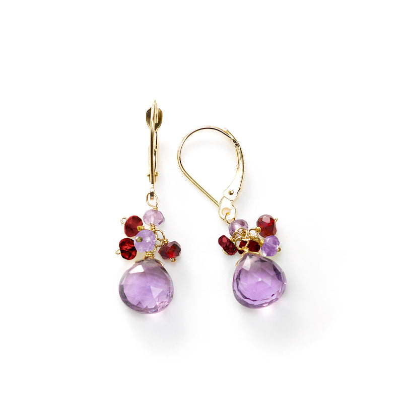 Amethyst and Ruby Dangle Earrings, 14K Yellow Gold