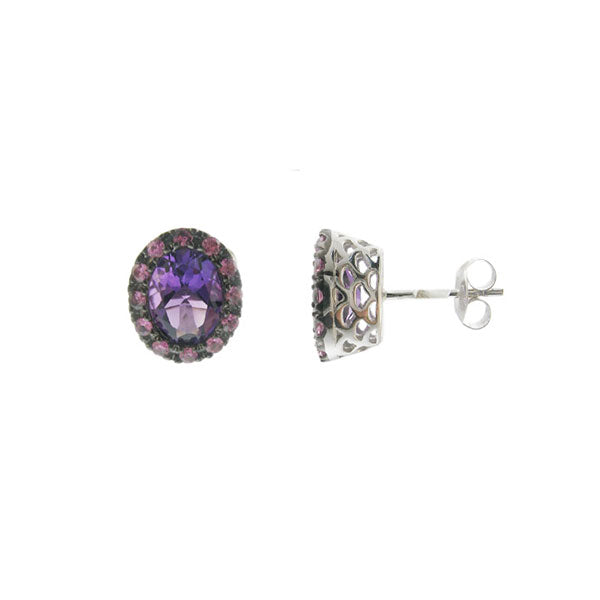 Oval Amethyst and Pink Sapphire Earrings, 14K White Gold