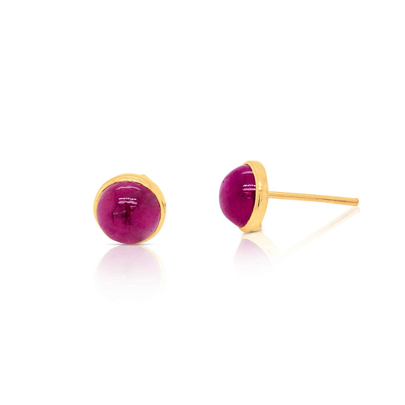Round Ruby Stud Earrings, 8 MM, 18K Yellow Gold
