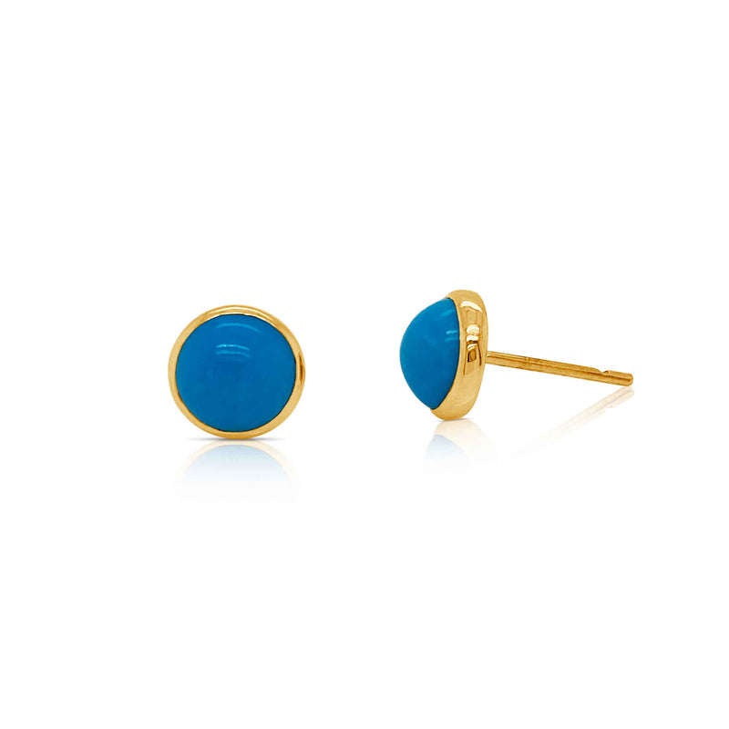 Round Turquoise Stud Earrings, 8 MM, 18K Yellow Gold