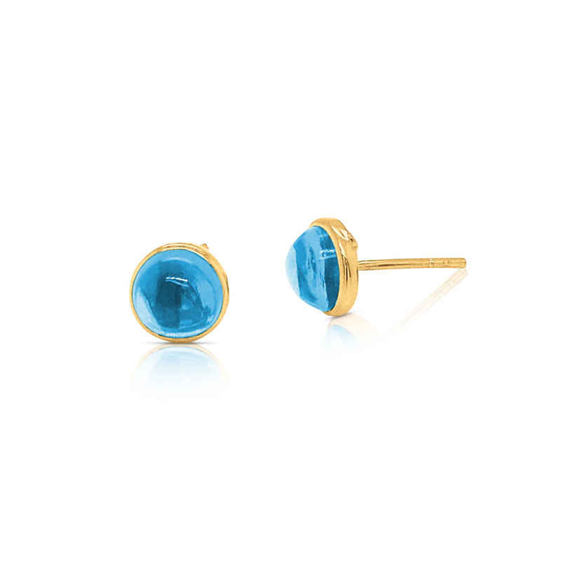 Round Blue Topaz Stud Earrings, 8 MM, 18K Yellow Gold