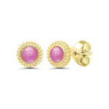 Framed Round Pink Sapphire Stud Earrings, 14K Yellow Gold