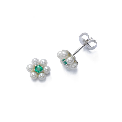 Petite Pearl With Emerald Flower Earrings, 14K White Gold