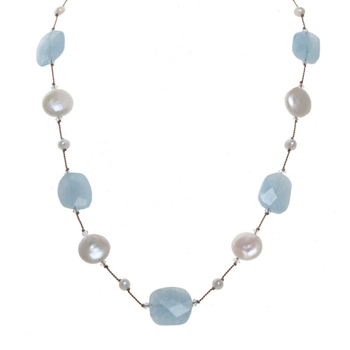 Faceted Aquamarine and Freshwater "Coin" Cultured Pearl Necklace, 17 Inches
