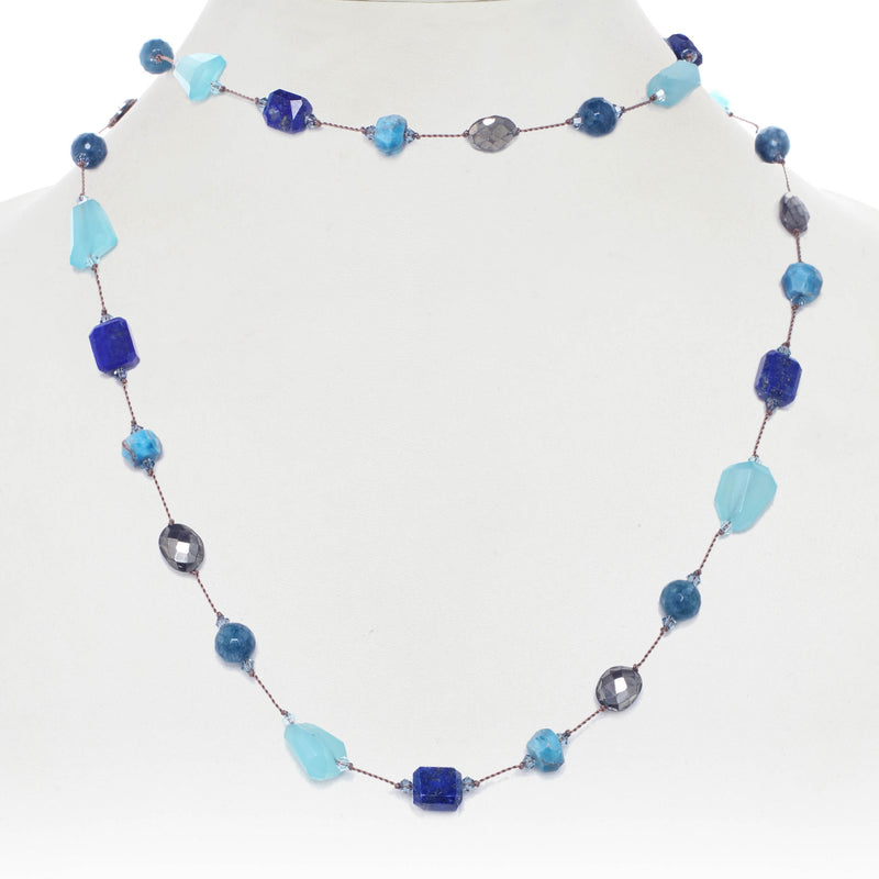 Peru Opal, Lapis, Pyrite and Apatite Gemstone Necklace, 35 Inches