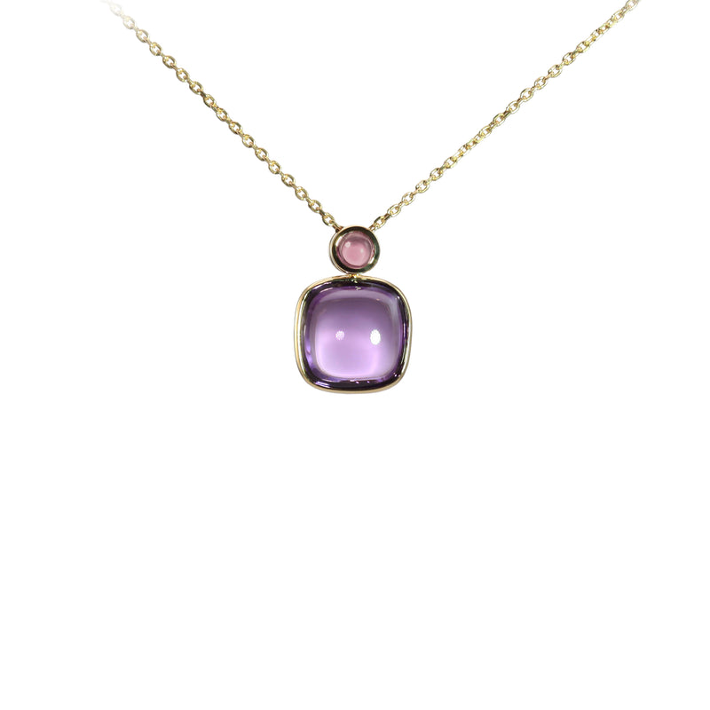 Cushion Shape Amethyst Necklace with Tourmaline Accent, 14K Yellow Gold