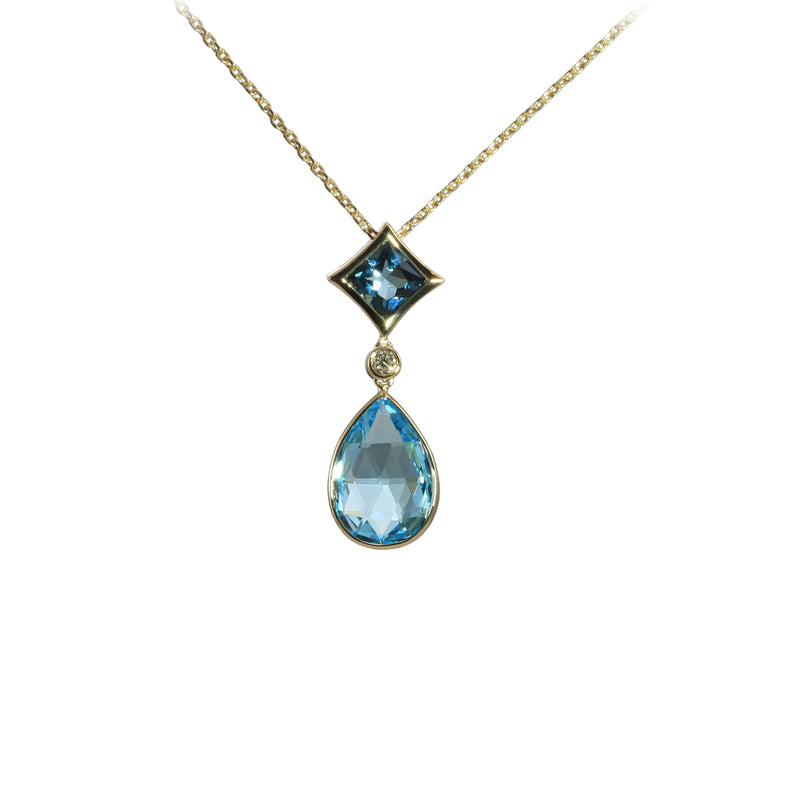 Swiss and London Blue Topaz Drop Necklace, 14K Yellow Gold