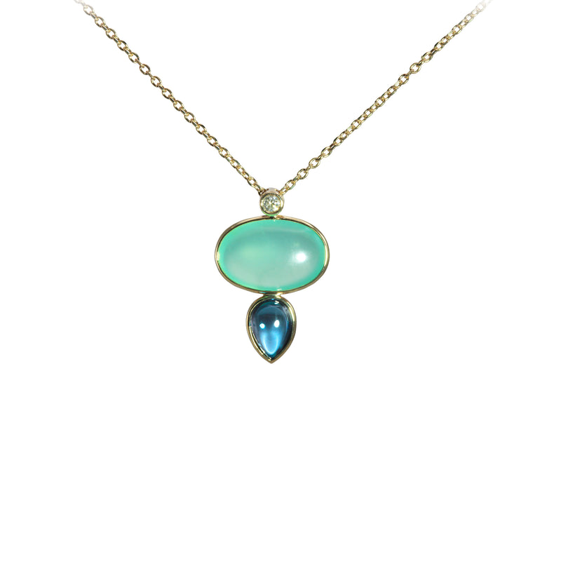 Chrysoprase and London Blue Topaz Drop Necklace, 14K Yellow Gold