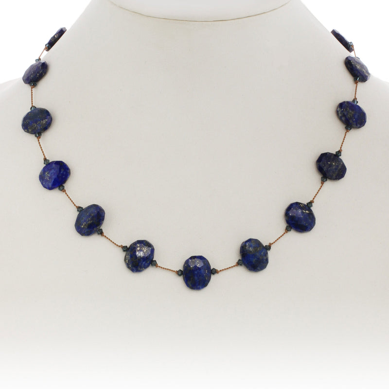 Blue Lapis and Swarovski Crystal Necklace, 17 Inches, Sterling Silver