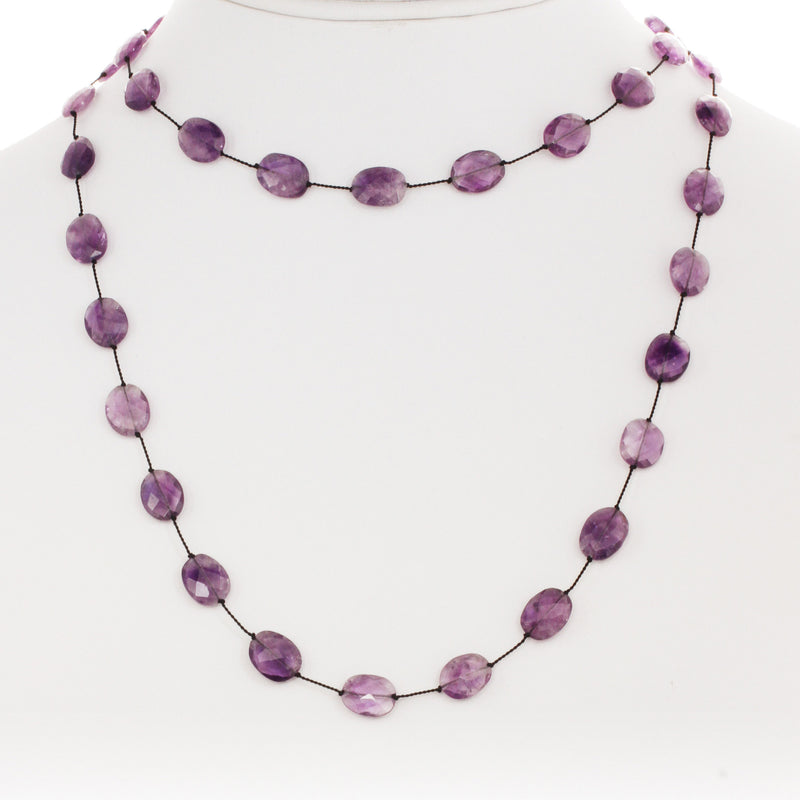 Flat Faceted Purple Amethyst Necklace, 35 Inches, Sterling Silver