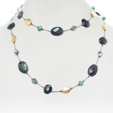 Green Moonstone and Emerald Necklace, 35 Inches, Sterling Silver