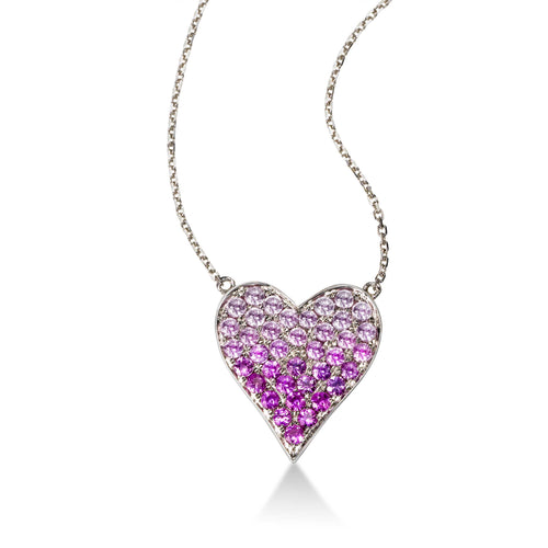 Pavé Set Pink Sapphire Heart Necklace, 14K White Gold