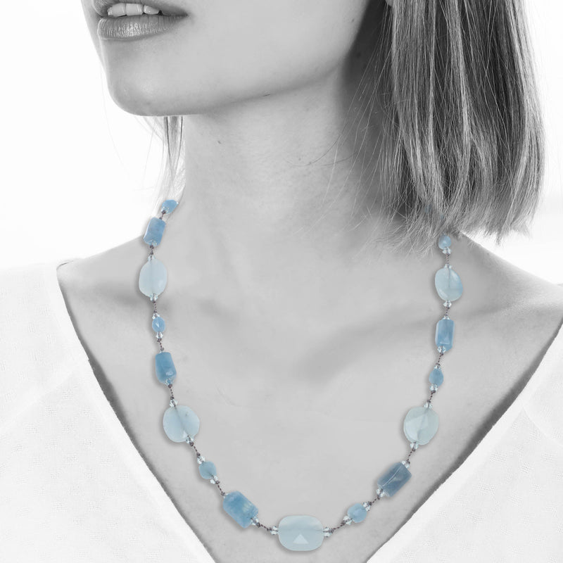 Aquamarine Combination Neklace, 17 Inches, Sterling Silver