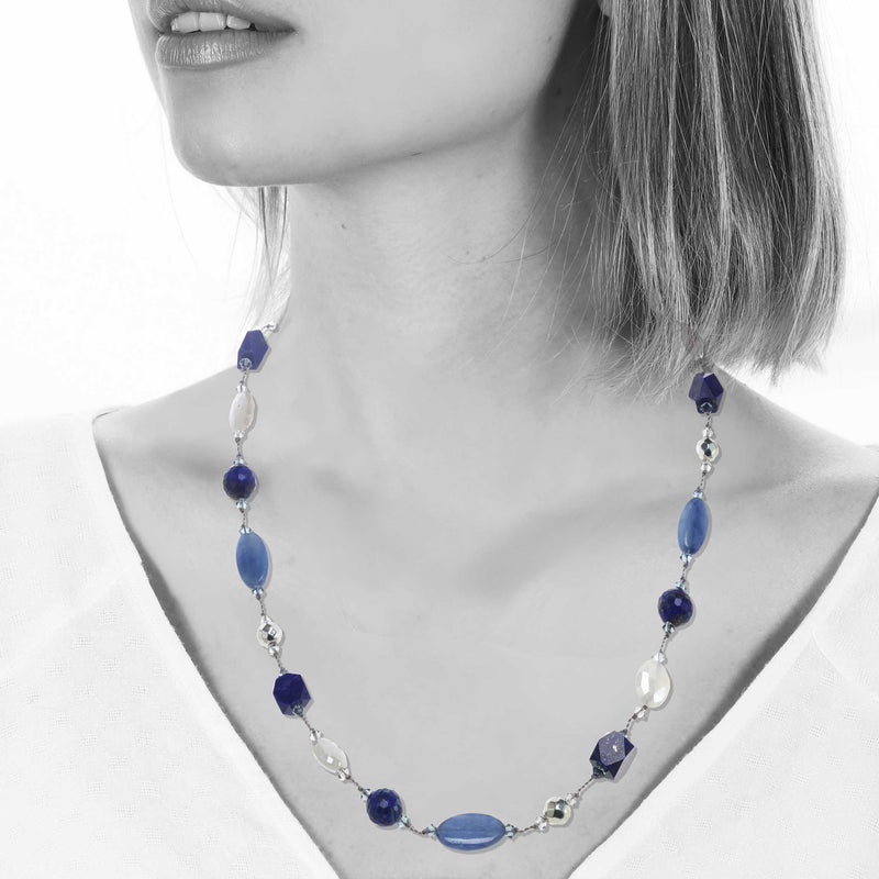 Kyanite, Lapis, Moonstone and Pyrite Necklace, 17 Inches, Sterling Silver