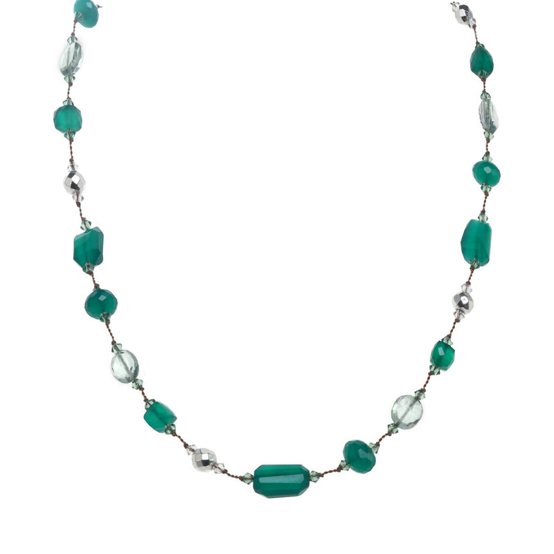 Green Onyx, Green Crystal and Silver Pyrite Necklace, 17 Inches, Sterling Silver