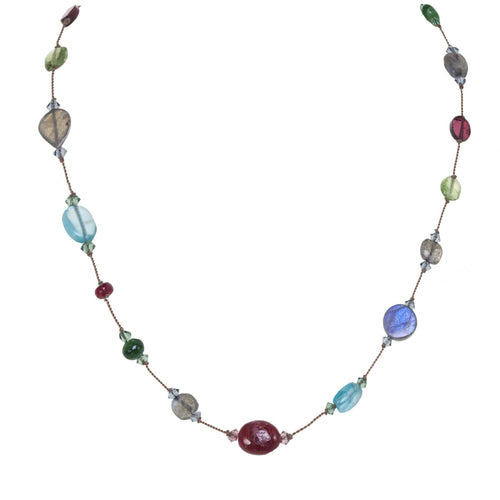 Multi Stone Blue and Red Tone Necklace, 17 Inches, Sterling Silver