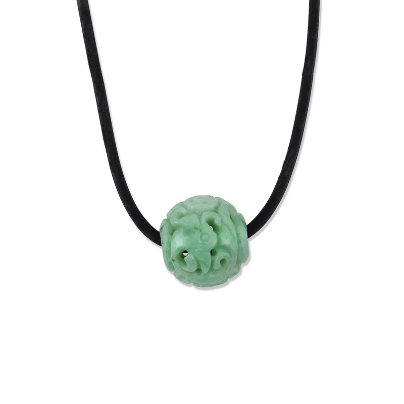 Carved Jade Bead Necklace, Black Rubber Cord