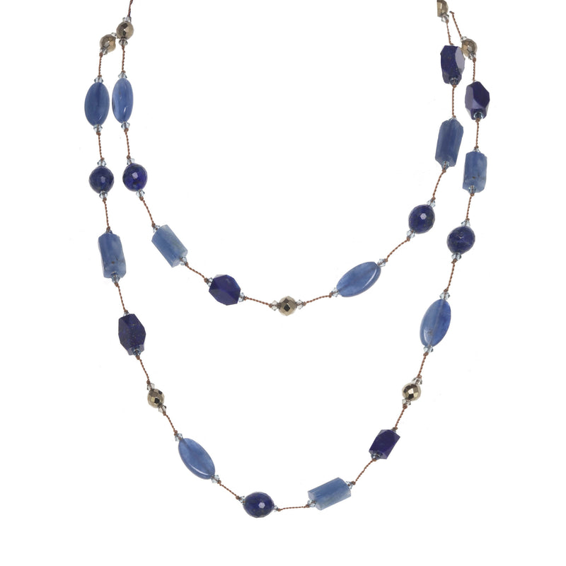 Kyanite, Lapis, and Pyrite Gemstone Necklace, 35 Inches, Sterling Silver