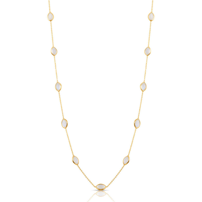 Rainbow Moonstone Station Necklace, 17.50 Inches, 18K Yellow Gold