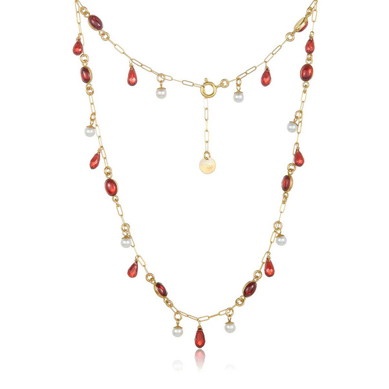 Garnet and Pearl Drop Necklace, Sterling with Gold Plating