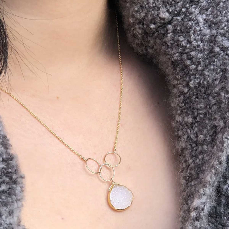 Pale Pink Druzy Drop Necklace, Yellow Gold Plating