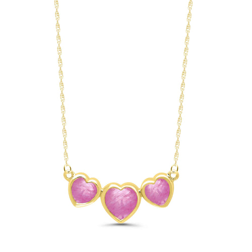 Three Stone Pink Sapphire Heart Necklace, 14K Yellow Gold