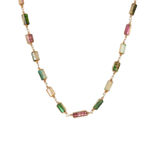 Multicolor Tourmaline Bead Necklace, Yellow Gold Plating
