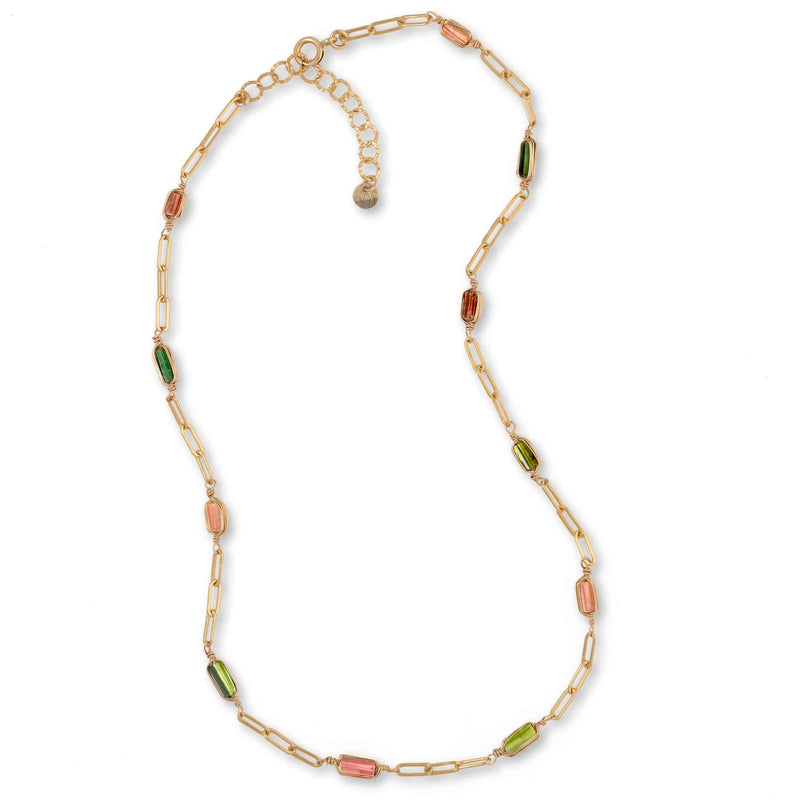 Multicolor Tourmaline Station Necklace, Yellow Gold Plating