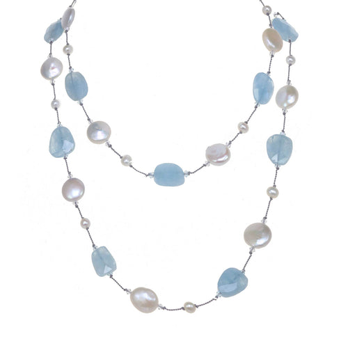 Aquamarine and White Freshwater Pearl 35-Inch Necklace