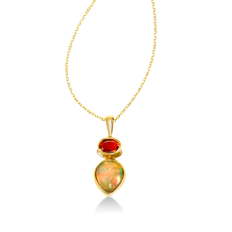 Ethiopian Opal with Fire Opal Pendant, 22K Yellow Gold
