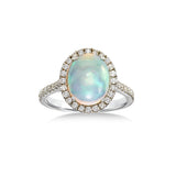 Oval Opal Cabochon and Diamond Halo Ring, 14K White Gold