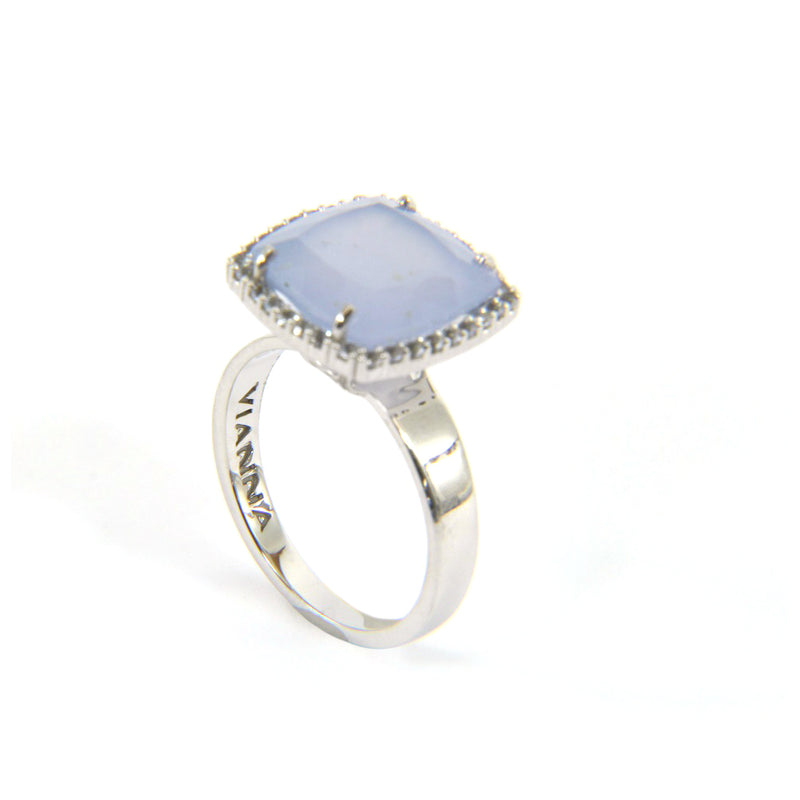 Blue Chalcedony and White Topaz Ring, Sterling Silver
