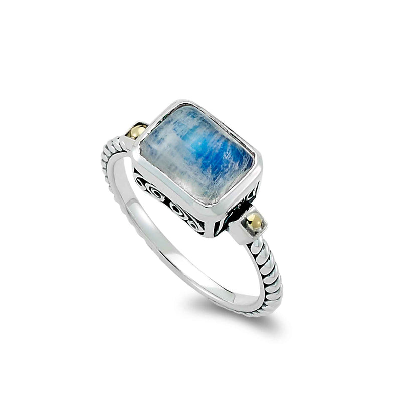Rectangular Rainbow Moonstone Ring, Sterling Silver and Yellow Gold
