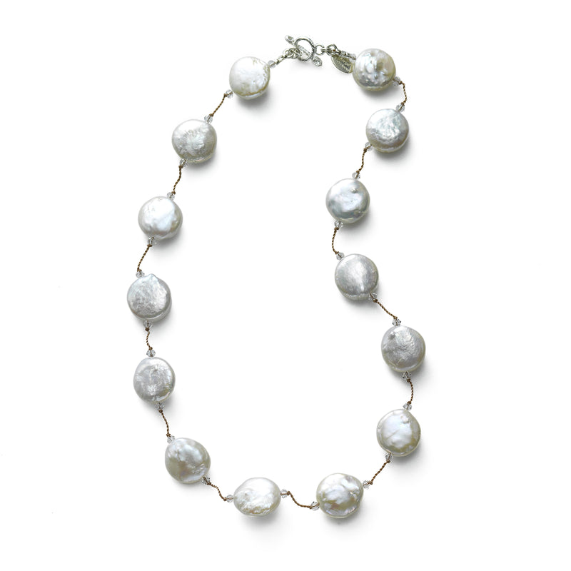 Freshwater Cultured Coin Pearl and Swarovski Crystal Necklace, Sterling Silver, by Margo Morrison