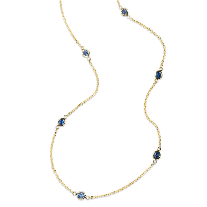 Bezel Set Blue Sapphire Station Necklace, 14K Yellow Gold