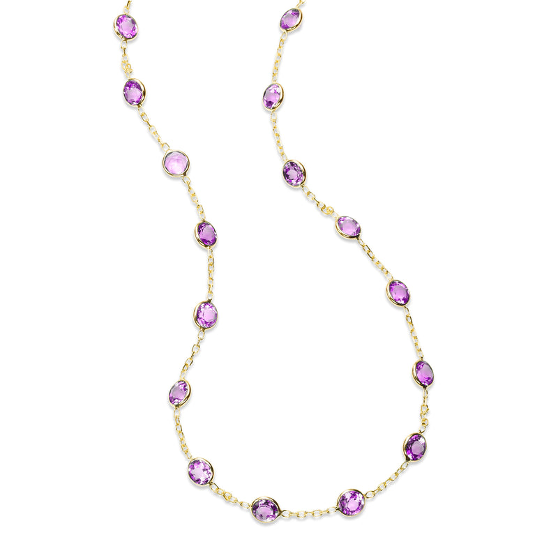 Bezel Set Amethyst Station Necklace, 18 Inches, 14K Yellow Gold