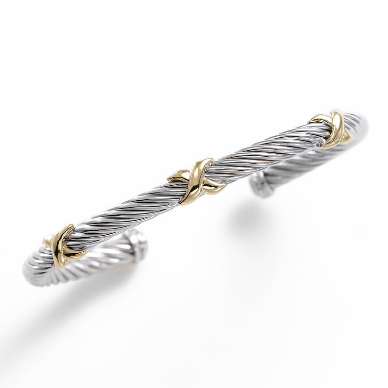 'X' Motif Cuff Bracelet, Sterling Silver and 14K Yellow Gold