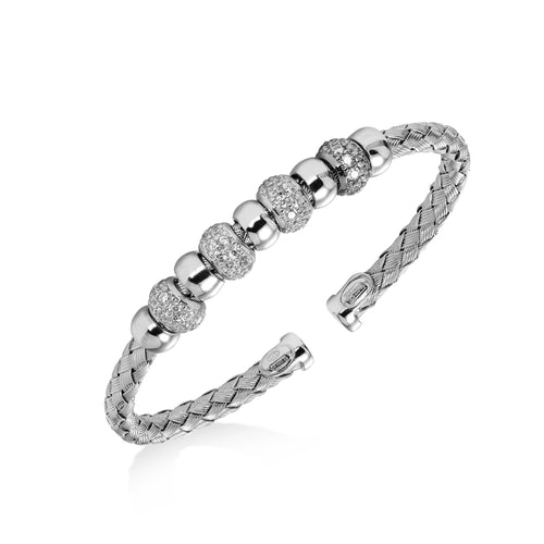 Woven Cuff with CZ Rondelles, Sterling Silver