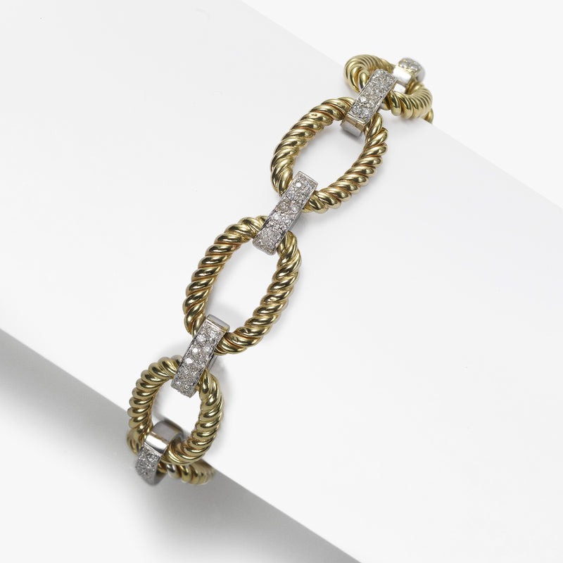 Oval Twist Link Gold Bracelet with Diamonds, .85 Carat, 14K Yellow and White Gold